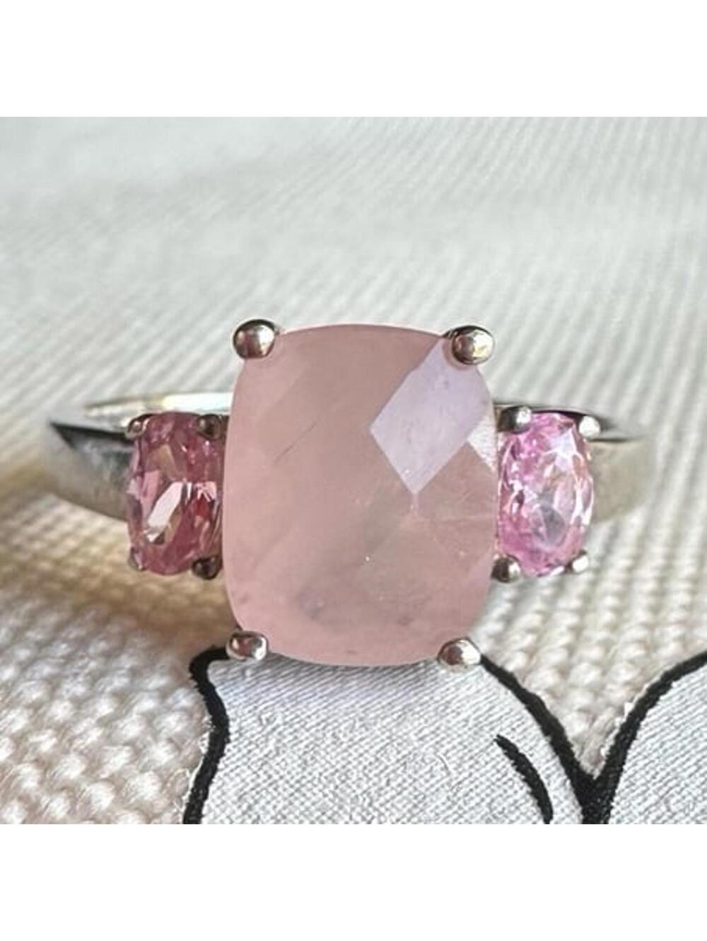 Pink Stone Rose Quartz Pink CZ or Tourmaline Sterling 925 Silver Ring Sz. 10